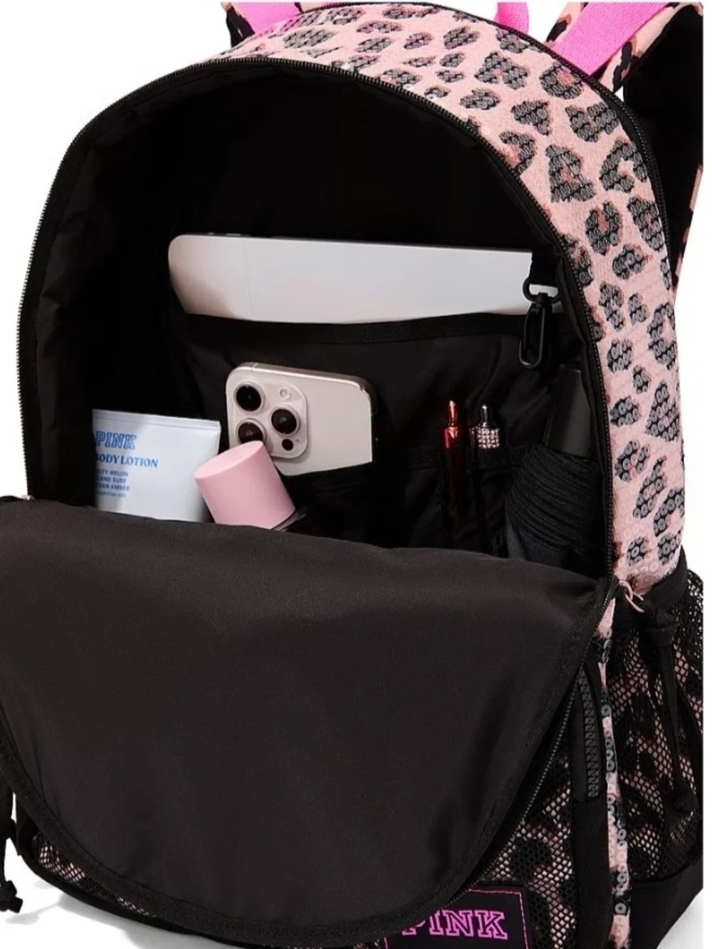 PINK Victoria's Secret Sequin Leopard Print Backpack with Pink Accents 16.3 Lite